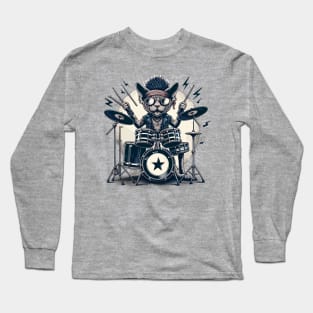 Devon Rex Cat Playing Drums Long Sleeve T-Shirt